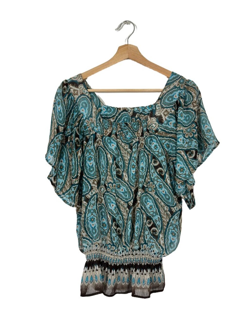 VTG Y2K Mudd Sheer Flutter Sleeve Top Smocked Size L Boho Hipster Abstract Flowy